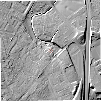 Shaded relief map of the ground around WA89BG, computed from Environment Agency LiDAR. The ground here sits at about 39 m above sea level and falls 23 m across the surrounding 800 m. Surface water reaching this point runs off ground lying to the west-south-west, 13.5 m higher.