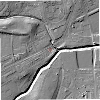 Shaded relief map of the ground around WA91EE, computed from Environment Agency LiDAR. The ground here sits at about 23 m above sea level and falls 15 m across the surrounding 800 m. Surface water reaching this point runs off ground lying to the west-south-west, 7.0 m higher.