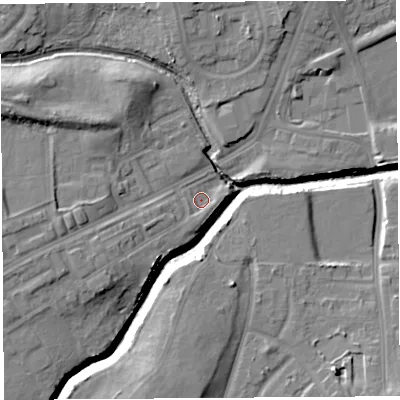 Shaded relief map of the ground around WA91EQ, computed from Environment Agency LiDAR. The ground here sits at about 23 m above sea level and falls 15 m across the surrounding 800 m. Surface water reaching this point runs off ground lying to the south-south-west, 2.4 m higher.