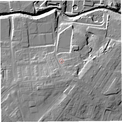 Shaded relief map of the ground around WA92EQ, computed from Environment Agency LiDAR. The ground here sits at about 34 m above sea level and falls 25 m across the surrounding 800 m. Surface water reaching this point runs off ground lying to the south-east, 7.2 m higher.