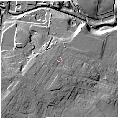 Shaded relief map of the ground around WA92EZ, computed from Environment Agency LiDAR. The ground here sits at about 34 m above sea level and falls 25 m across the surrounding 800 m. Surface water reaching this point runs off ground lying to the west-south-west, 5.7 m higher.
