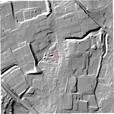 Shaded relief map of the ground around WA93BB, computed from Environment Agency LiDAR. The ground here sits at about 31 m above sea level and falls 20 m across the surrounding 800 m. Surface water reaching this point runs off ground lying to the south, 9.0 m higher.