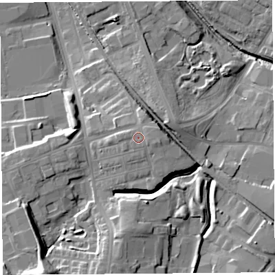 Shaded relief map of the ground around WA93BE, computed from Environment Agency LiDAR. The ground here sits at about 34 m above sea level and falls 22 m across the surrounding 800 m. Surface water reaching this point runs off ground lying to the east-south-east, 1.1 m higher.