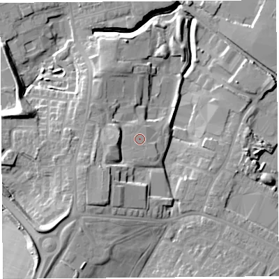 Shaded relief map of the ground around WA93DA, computed from Environment Agency LiDAR. The ground here sits at about 34 m above sea level and falls 18 m across the surrounding 800 m. The ground contributing surface water to this point lies to the south-south-east.