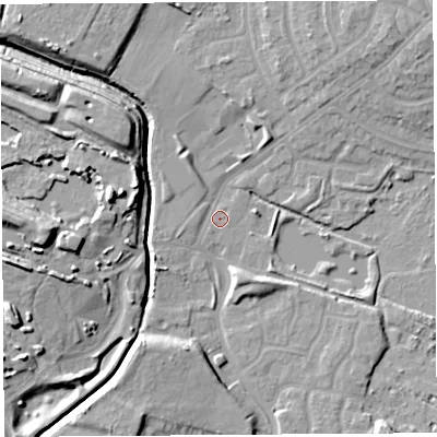 Shaded relief map of the ground around WA93HD, computed from Environment Agency LiDAR. The ground here sits at about 24 m above sea level and falls 16 m across the surrounding 800 m. Surface water reaching this point runs off ground lying to the south-west, 1.0 m higher.