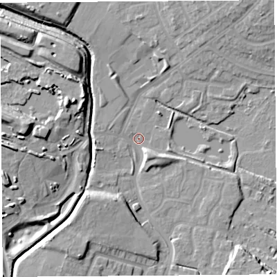 Shaded relief map of the ground around WA93HF, computed from Environment Agency LiDAR. The ground here sits at about 24 m above sea level and falls 15 m across the surrounding 800 m. Surface water reaching this point runs off ground lying to the south-south-west, 11.8 m higher.