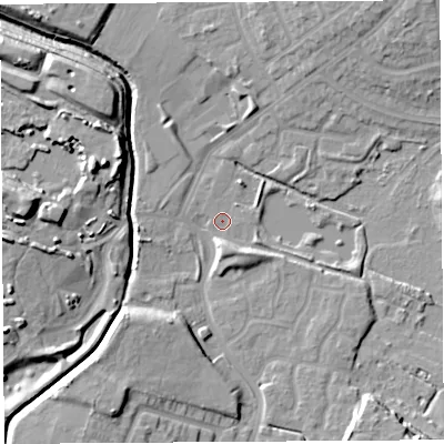 Shaded relief map of the ground around WA93JA, computed from Environment Agency LiDAR. The ground here sits at about 24 m above sea level and falls 15 m across the surrounding 800 m. Surface water reaching this point runs off ground lying to the south-south-west, 11.8 m higher.