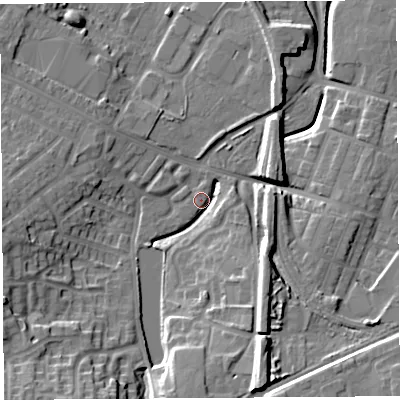 Shaded relief map of the ground around WA93NB, computed from Environment Agency LiDAR. The ground here sits at about 30 m above sea level and falls 16 m across the surrounding 800 m. Surface water reaching this point runs off ground lying to the south-south-east, 15.9 m higher.