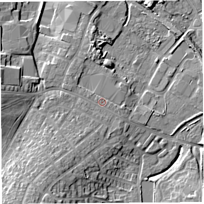 Shaded relief map of the ground around WA93NU, computed from Environment Agency LiDAR. The ground here sits at about 33 m above sea level and falls 16 m across the surrounding 800 m. Surface water reaching this point runs off ground lying to the north-west, 0.9 m higher.