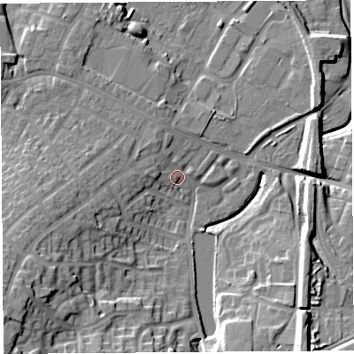 Shaded relief map of the ground around WA93PD, computed from Environment Agency LiDAR. The ground here sits at about 31 m above sea level and falls 17 m across the surrounding 800 m. Surface water reaching this point runs off ground lying to the south-west, 16.9 m higher.