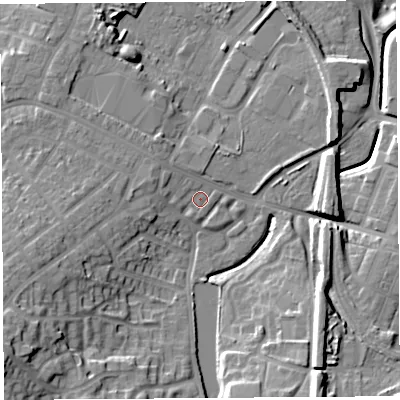 Shaded relief map of the ground around WA93PG, computed from Environment Agency LiDAR. The ground here sits at about 31 m above sea level and falls 17 m across the surrounding 800 m. Surface water reaching this point runs off ground lying to the west-south-west, 9.7 m higher.