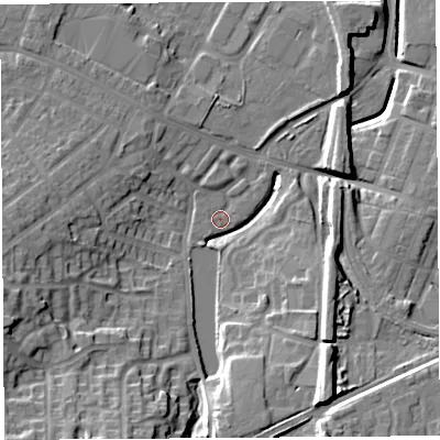 Shaded relief map of the ground around WA93PL, computed from Environment Agency LiDAR. The ground here sits at about 30 m above sea level and falls 16 m across the surrounding 800 m. Surface water reaching this point runs off ground lying to the south-south-east, 15.9 m higher.