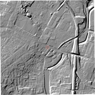 Shaded relief map of the ground around WA93PQ, computed from Environment Agency LiDAR. The ground here sits at about 31 m above sea level and falls 17 m across the surrounding 800 m. Surface water reaching this point runs off ground lying to the west-south-west, 8.8 m higher.