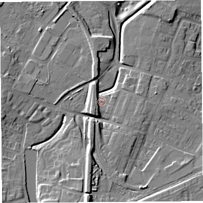 Shaded relief map of the ground around WA93QB, computed from Environment Agency LiDAR. The ground here sits at about 32 m above sea level and falls 16 m across the surrounding 800 m. Surface water reaching this point runs off ground lying to the west-south-west, 6.0 m higher.