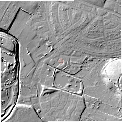 Shaded relief map of the ground around WA93QY, computed from Environment Agency LiDAR. The ground here sits at about 24 m above sea level and falls 16 m across the surrounding 800 m. Surface water reaching this point runs off ground lying to the south-west, 12.0 m higher.