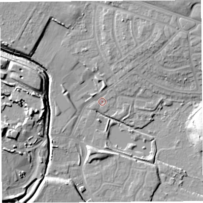 Shaded relief map of the ground around WA93QZ, computed from Environment Agency LiDAR. The ground here sits at about 24 m above sea level and falls 15 m across the surrounding 800 m. Surface water reaching this point runs off ground lying to the north-east, 9.8 m higher.
