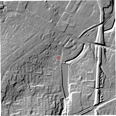 Shaded relief map of the ground around WA93SS, computed from Environment Agency LiDAR. The ground here sits at about 30 m above sea level and falls 17 m across the surrounding 800 m. Surface water reaching this point runs off ground lying to the south-west, 17.1 m higher.