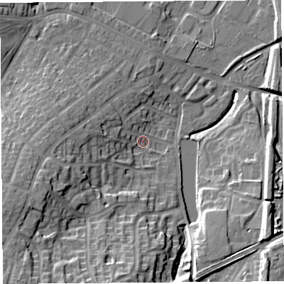 Shaded relief map of the ground around WA93ST, computed from Environment Agency LiDAR. The ground here sits at about 31 m above sea level and falls 20 m across the surrounding 800 m. Surface water reaching this point runs off ground lying to the south-west, 20.0 m higher.