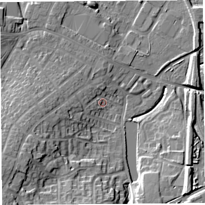 Shaded relief map of the ground around WA93SX, computed from Environment Agency LiDAR. The ground here sits at about 31 m above sea level and falls 18 m across the surrounding 800 m. Surface water reaching this point runs off ground lying to the south-west, 17.9 m higher.