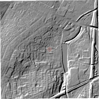Shaded relief map of the ground around WA93WD, computed from Environment Agency LiDAR. The ground here sits at about 31 m above sea level and falls 22 m across the surrounding 800 m. Surface water reaching this point runs off ground lying to the west-north-west, 7.5 m higher.