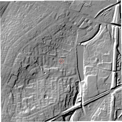 Shaded relief map of the ground around WA93WF, computed from Environment Agency LiDAR. The ground here sits at about 32 m above sea level and falls 23 m across the surrounding 800 m. Surface water reaching this point runs off ground lying to the south-west, 19.1 m higher.