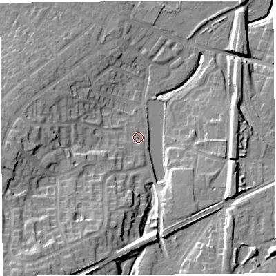 Shaded relief map of the ground around WA93XX, computed from Environment Agency LiDAR. The ground here sits at about 31 m above sea level and falls 23 m across the surrounding 800 m. Surface water reaching this point runs off ground lying to the south-south-west, 13.6 m higher.