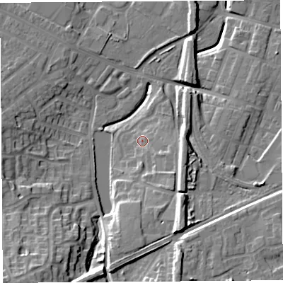 Shaded relief map of the ground around WA93ZB, computed from Environment Agency LiDAR. The ground here sits at about 32 m above sea level and falls 19 m across the surrounding 800 m. Surface water reaching this point runs off ground lying to the south-south-east, 11.5 m higher.