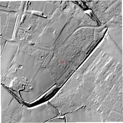 Shaded relief map of the ground around WA94AH, computed from Environment Agency LiDAR. The ground here sits at about 53 m above sea level and falls 12 m across the surrounding 800 m. Surface water reaching this point runs off ground lying to the west-north-west, 5.0 m higher.