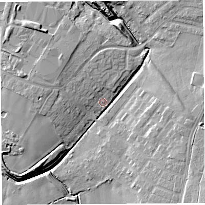 Shaded relief map of the ground around WA94AJ, computed from Environment Agency LiDAR. The ground here sits at about 50 m above sea level and falls 12 m across the surrounding 800 m. Surface water reaching this point runs off ground lying to the west-north-west, 7.1 m higher.
