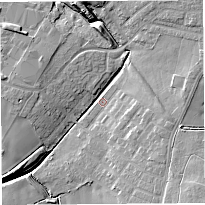 Shaded relief map of the ground around WA94AP, computed from Environment Agency LiDAR. The ground here sits at about 50 m above sea level and falls 13 m across the surrounding 800 m. Surface water reaching this point runs off ground lying to the east-north-east, 10.7 m higher.