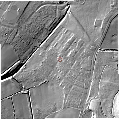 Shaded relief map of the ground around WA94AT, computed from Environment Agency LiDAR. The ground here sits at about 52 m above sea level and falls 19 m across the surrounding 800 m. Surface water reaching this point runs off ground lying to the east-south-east, 4.8 m higher.