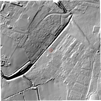 Shaded relief map of the ground around WA94BF, computed from Environment Agency LiDAR. The ground here sits at about 50 m above sea level and falls 14 m across the surrounding 800 m. Surface water reaching this point runs off ground lying to the east-south-east, 6.1 m higher.
