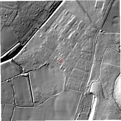 Shaded relief map of the ground around WA94BH, computed from Environment Agency LiDAR. The ground here sits at about 53 m above sea level and falls 19 m across the surrounding 800 m. Surface water reaching this point runs off ground lying to the east-south-east, 3.4 m higher.