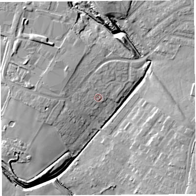 Shaded relief map of the ground around WA94BN, computed from Environment Agency LiDAR. The ground here sits at about 52 m above sea level and falls 13 m across the surrounding 800 m. Surface water reaching this point runs off ground lying to the west, 5.4 m higher.