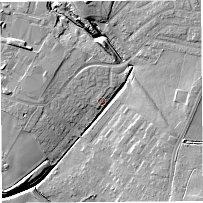 Shaded relief map of the ground around WA94BT, computed from Environment Agency LiDAR. The ground here sits at about 51 m above sea level and falls 15 m across the surrounding 800 m. Surface water reaching this point runs off ground lying to the west, 9.9 m higher.