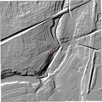 Shaded relief map of the ground around WA94HN, computed from Environment Agency LiDAR. The ground here sits at about 40 m above sea level and falls 22 m across the surrounding 800 m. Surface water reaching this point runs off ground lying to the west, 19.2 m higher.