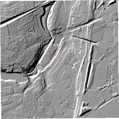 Shaded relief map of the ground around WA94PH, computed from Environment Agency LiDAR. The ground here sits at about 40 m above sea level and falls 20 m across the surrounding 800 m. Surface water reaching this point runs off ground lying to the south, 3.7 m higher.