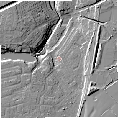 Shaded relief map of the ground around WA94PN, computed from Environment Agency LiDAR. The ground here sits at about 41 m above sea level and falls 20 m across the surrounding 800 m. Surface water reaching this point runs off ground lying to the east, 3.3 m higher.