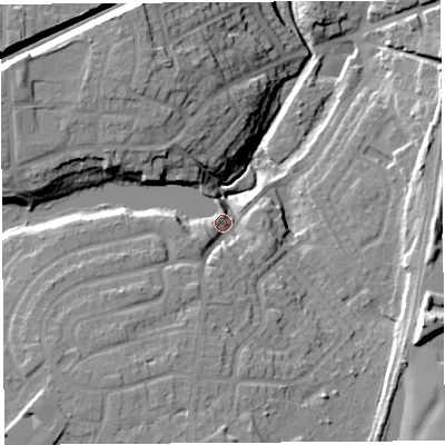 Shaded relief map of the ground around WA94PQ, computed from Environment Agency LiDAR. The ground here sits at about 43 m above sea level and falls 21 m across the surrounding 800 m. Surface water reaching this point runs off ground lying to the south-west, 10.7 m higher.