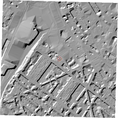 Shaded relief map of the ground around WC2B4RD, computed from Environment Agency LiDAR. The ground here sits at about 4 m above sea level and falls 10 m across the surrounding 800 m. Surface water reaching this point runs off ground lying to the south, 5.3 m higher.