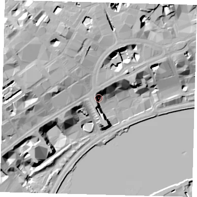 Shaded relief map of the ground around WC2E7EA, computed from Environment Agency LiDAR. The ground here sits at about 10 m above sea level and falls 24 m across the surrounding 800 m. Surface water reaching this point runs off ground lying to the north-north-east, 12.2 m higher.