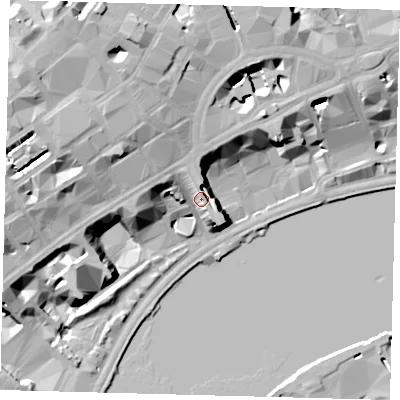 Shaded relief map of the ground around WC2E7EN, computed from Environment Agency LiDAR. The ground here sits at about 14 m above sea level and falls 24 m across the surrounding 800 m. Surface water reaching this point runs off ground lying to the north-north-west, 4.8 m higher.