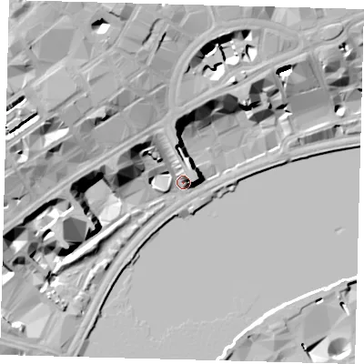 Shaded relief map of the ground around WC2E7HR, computed from Environment Agency LiDAR. The ground here sits at about 7 m above sea level and falls 25 m across the surrounding 800 m. Surface water reaching this point runs off ground lying to the north, 10.3 m higher.