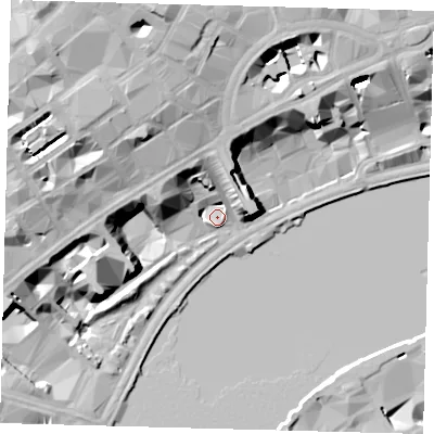 Shaded relief map of the ground around WC2R0BH, computed from Environment Agency LiDAR. The ground here sits at about 6 m above sea level and falls 25 m across the surrounding 800 m. Surface water reaching this point runs off ground lying to the north-west, 21.3 m higher.