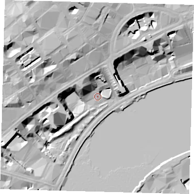 Shaded relief map of the ground around WC2R0BP, computed from Environment Agency LiDAR. The ground here sits at about 6 m above sea level and falls 25 m across the surrounding 800 m. Surface water reaching this point runs off ground lying to the north-north-west, 21.2 m higher.