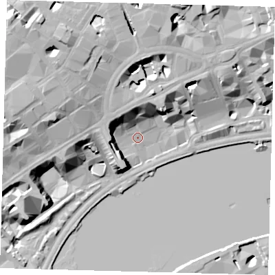 Shaded relief map of the ground around WC2R1LA, computed from Environment Agency LiDAR. The ground here sits at about 5 m above sea level and falls 27 m across the surrounding 800 m. Surface water reaching this point runs off ground lying to the north-north-west, 10.3 m higher.