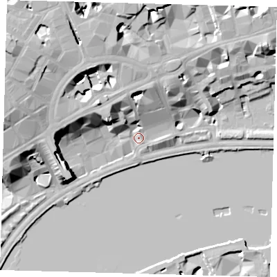 Shaded relief map of the ground around WC2R2NS, computed from Environment Agency LiDAR. The ground here sits at about 6 m above sea level and falls 25 m across the surrounding 800 m. Surface water reaching this point runs off ground lying to the north-west, 14.2 m higher.