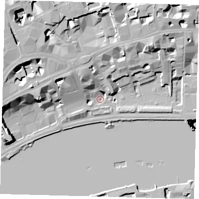 Shaded relief map of the ground around WC2R2PG, computed from Environment Agency LiDAR. The ground here sits at about 4 m above sea level and falls 53 m across the surrounding 800 m. Surface water reaching this point runs off ground lying to the north-west, 16.2 m higher.