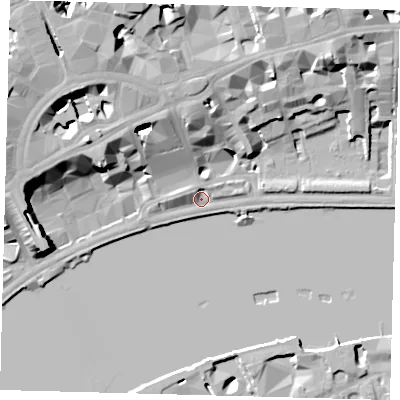 Shaded relief map of the ground around WC2R2PH, computed from Environment Agency LiDAR. The ground here sits at about 5 m above sea level and falls 23 m across the surrounding 800 m. Surface water reaching this point runs off ground lying to the west, 3.0 m higher.
