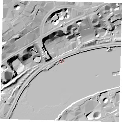 Shaded relief map of the ground around WC2R2PP, computed from Environment Agency LiDAR. The ground here sits at about 4 m above sea level and falls 25 m across the surrounding 800 m. Surface water reaching this point runs off ground lying to the north, 15.0 m higher.